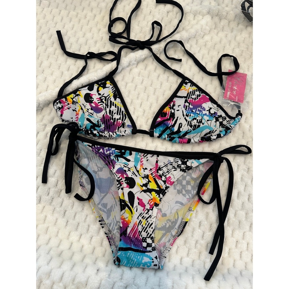 Choice by Bettina Waves Abstract Graffiti Print Triangle Bikini Set Small NEW - Picture 2 of 5